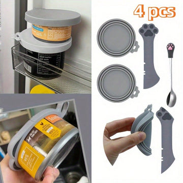 Grey silicone pet food can lids with stainless steel spoon and multi-function lever opener for cat and dog wet food cans.