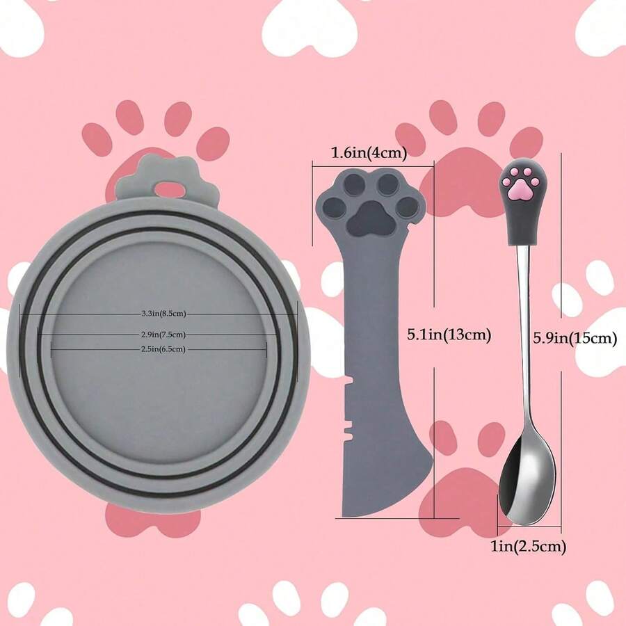 Grey silicone pet food can lids with stainless steel spoon and multi-function lever opener for cat and dog wet food cans.