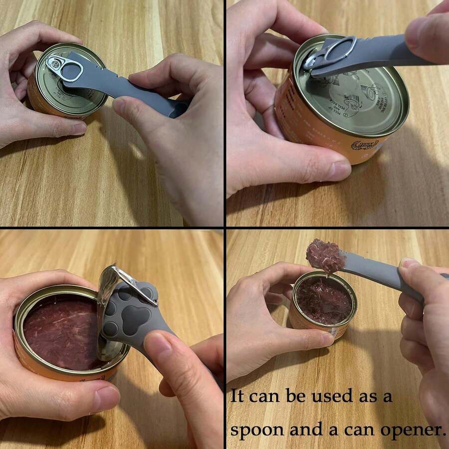 Grey silicone pet food can lids with stainless steel spoon and multi-function lever opener for cat and dog wet food cans.