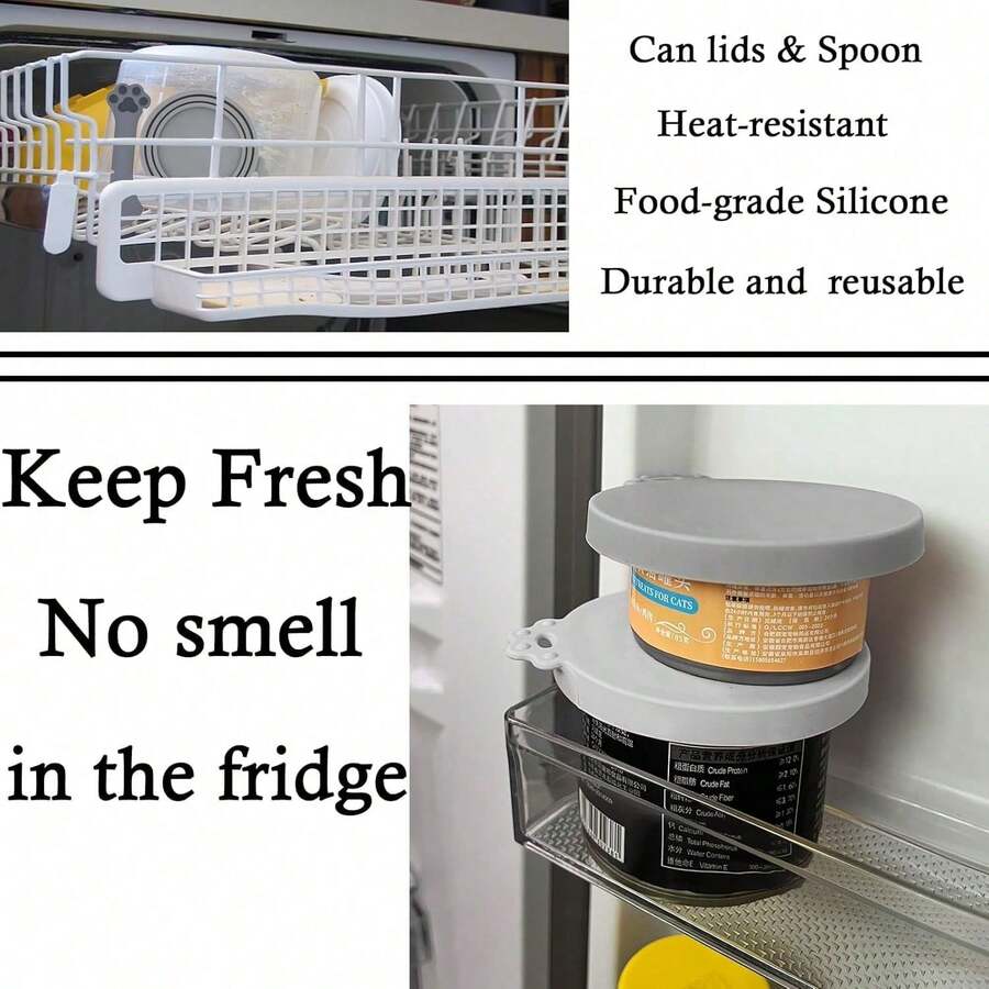 Grey silicone pet food can lids with stainless steel spoon and multi-function lever opener for cat and dog wet food cans.
