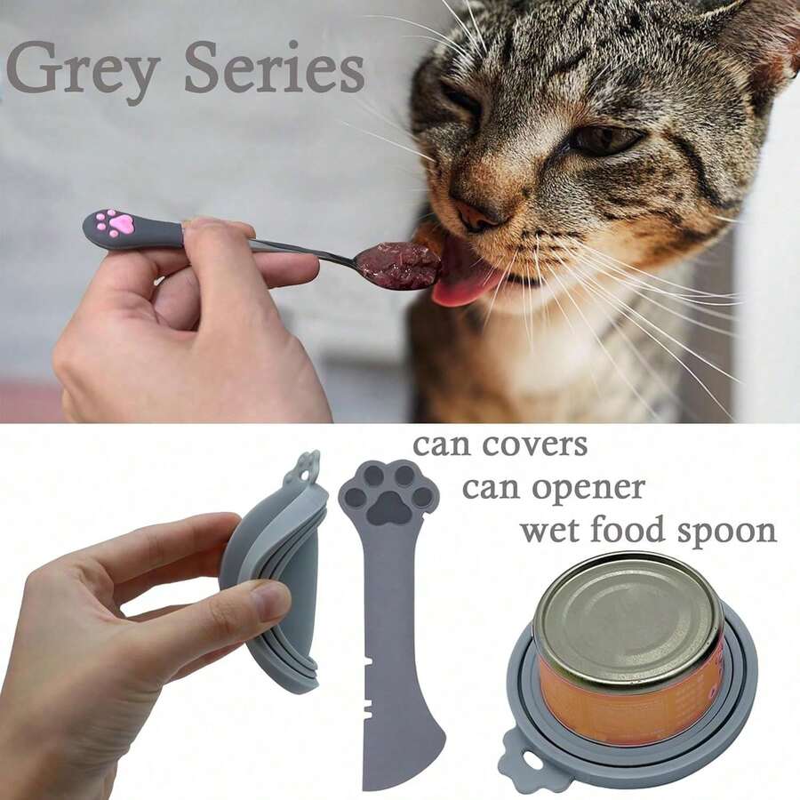 Grey silicone pet food can lids with stainless steel spoon and multi-function lever opener for cat and dog wet food cans.