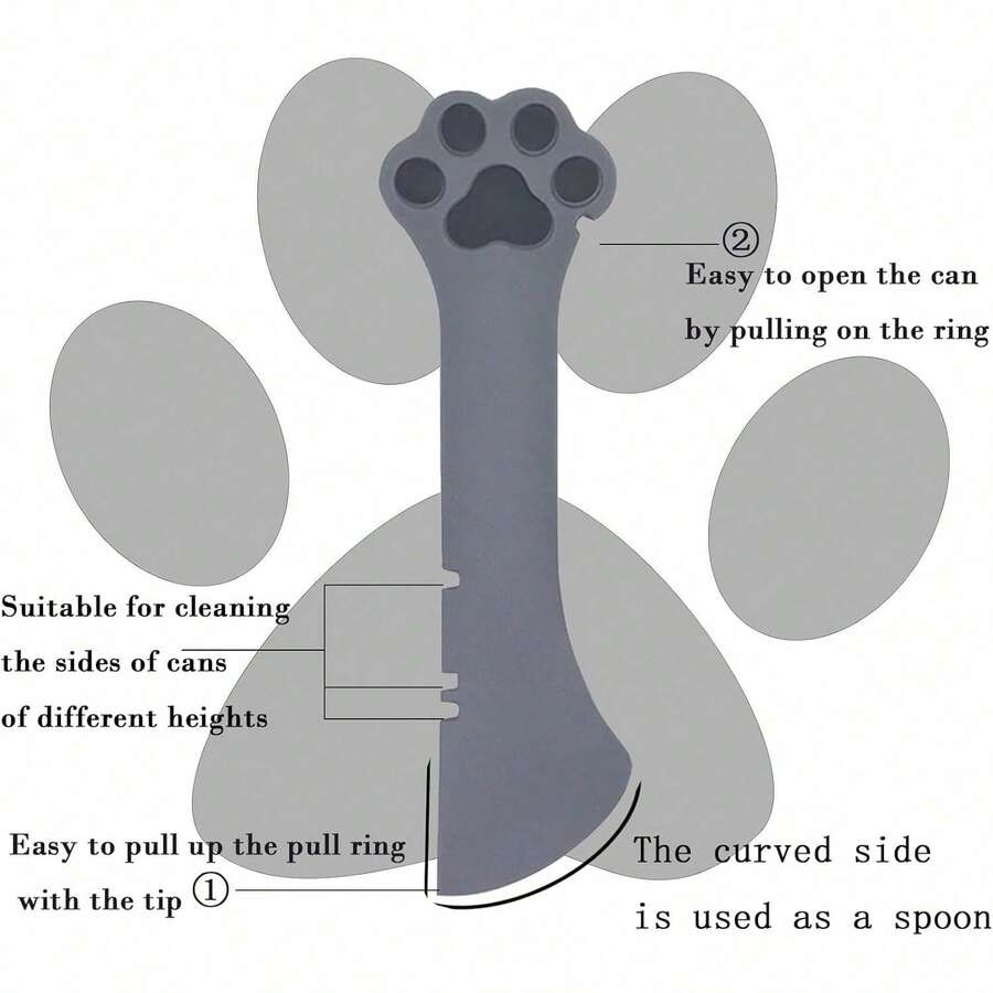 Grey silicone pet food can lids with stainless steel spoon and multi-function lever opener for cat and dog wet food cans.