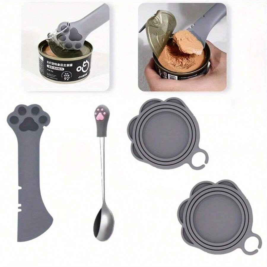 Grey silicone pet food can lids with stainless steel spoon and multi-function lever opener for cat and dog wet food cans.