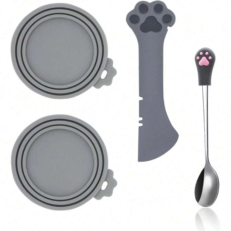 Grey silicone pet food can lids with stainless steel spoon and multi-function lever opener for cat and dog wet food cans.