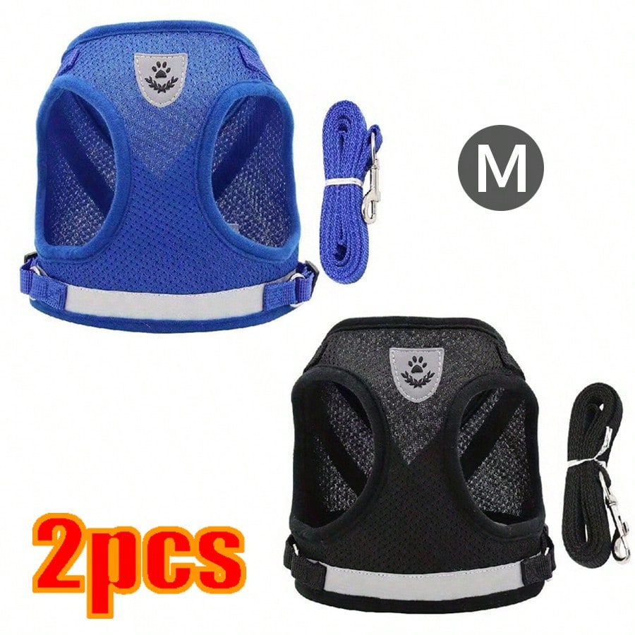 Multicolor reflective polyester vest harness and leash set for cats and dogs with brush and foldable food bowl for outdoor walking and travel