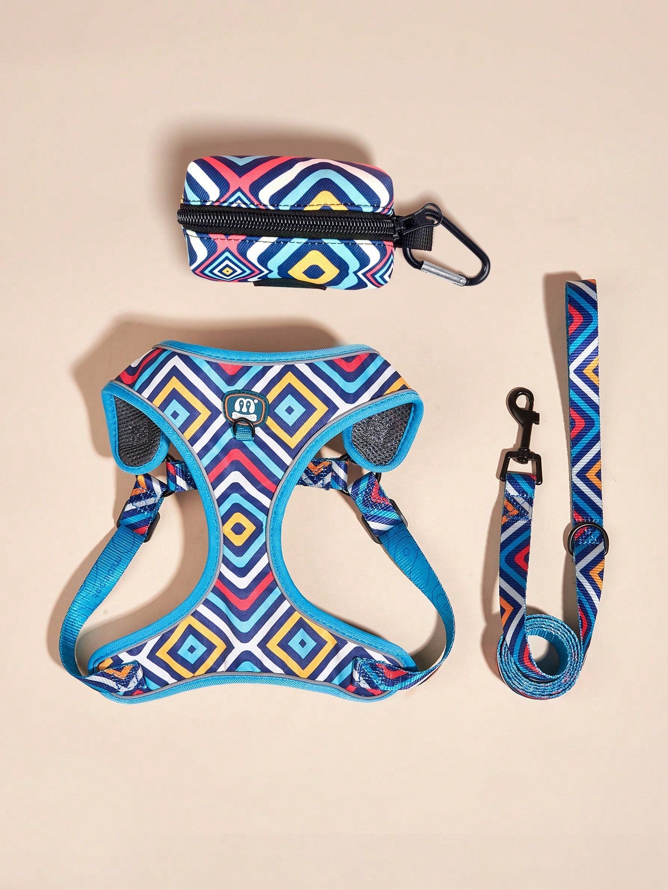 Hot pink heart print adjustable dog harness and leash set with matching poop bag holder for outdoor walking
