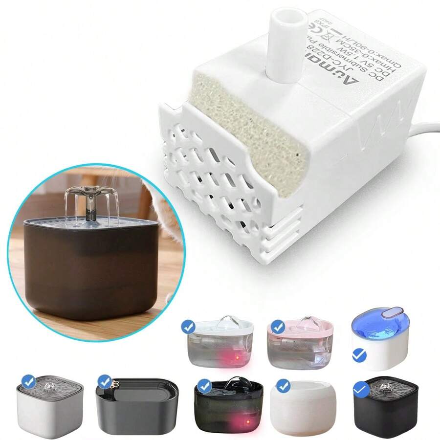 Multicolor mini USB water pump with dry run protection designed for pet drinking fountains and small aquariums.