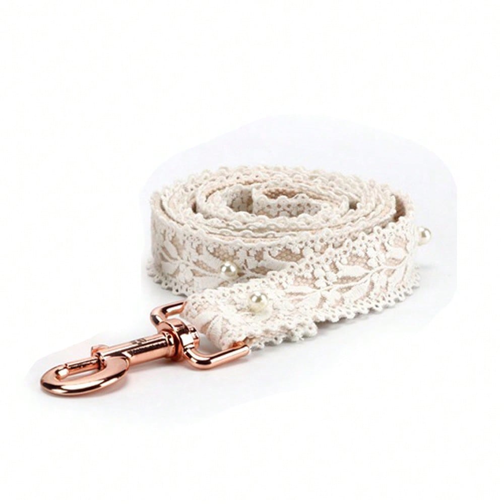 Beige polyester dog harness and leash set with lace flower detail and colorblock pattern for walking Teddy, Poodle, and other dogs