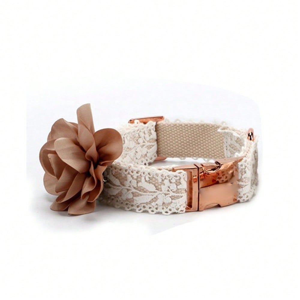 Beige polyester dog harness and leash set with lace flower detail and colorblock pattern for walking Teddy, Poodle, and other dogs