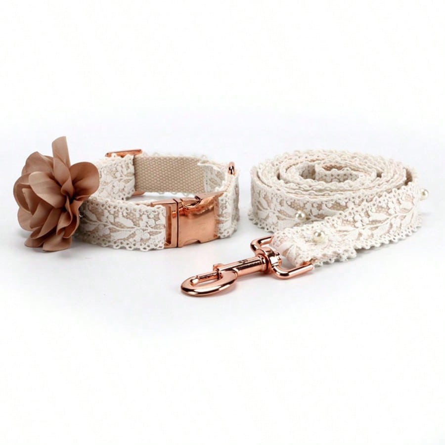 Beige polyester dog harness and leash set with lace flower detail and colorblock pattern for walking Teddy, Poodle, and other dogs