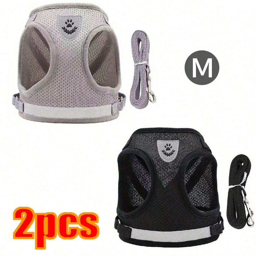 Multicolor reflective polyester vest harness and leash set for cats and dogs with brush and foldable food bowl for outdoor walking and travel