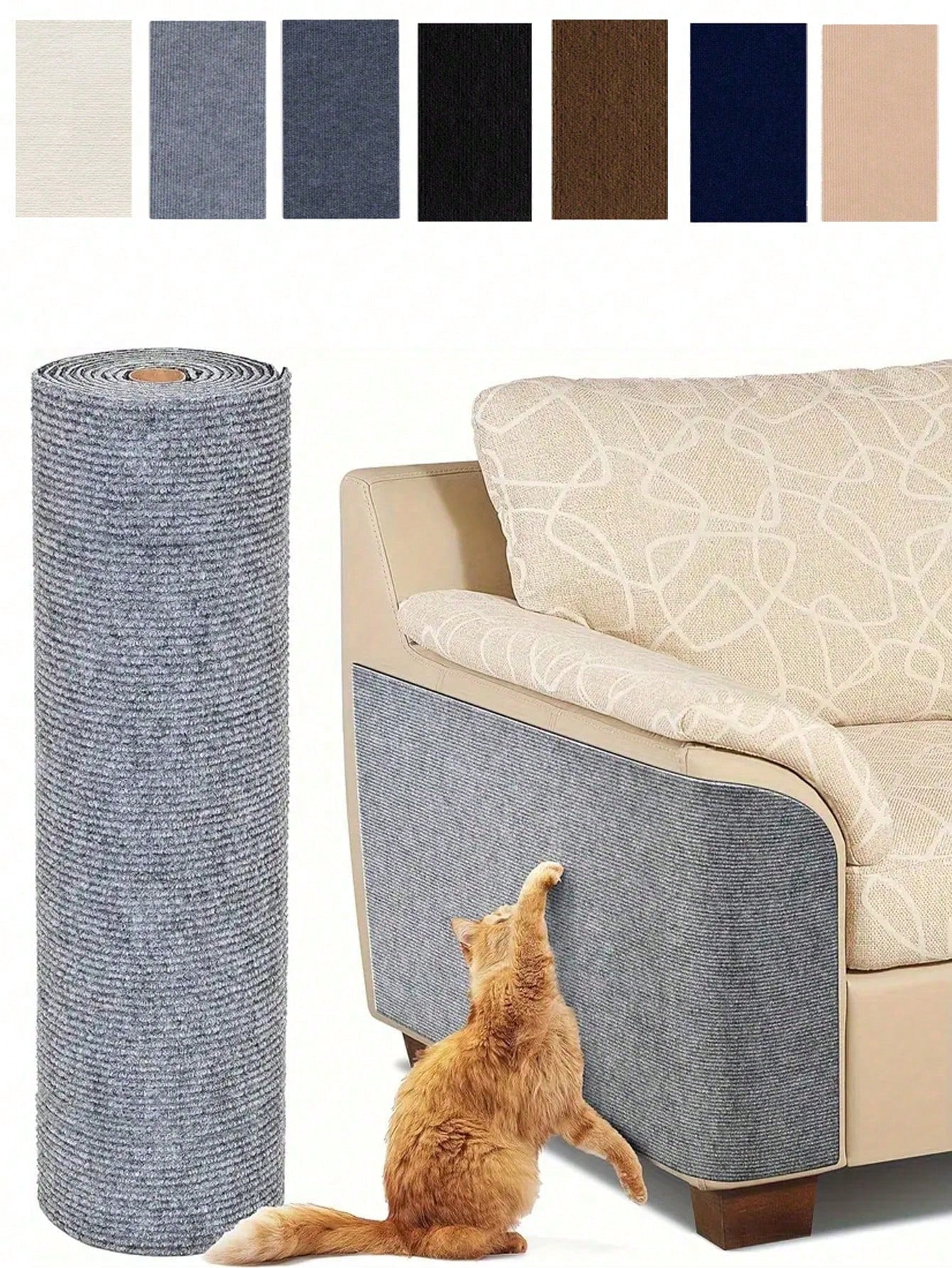Multicolor cuttable self-adhesive cat scratch pad made of 100 percent polyester for indoor sofa and furniture protection.