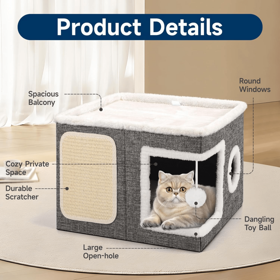 Grey foldable indoor cat house bed featuring a large entry hole, round side window, double-sided soft cushion, and an attached fluffy play ball.