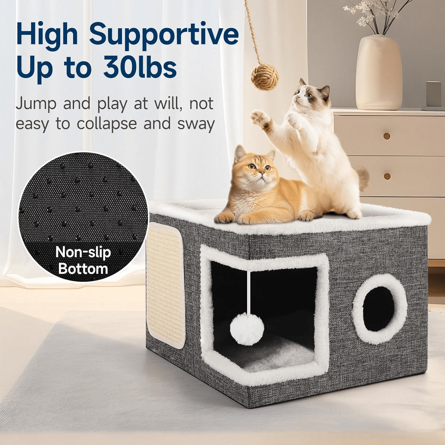 Grey foldable indoor cat house bed featuring a large entry hole, round side window, double-sided soft cushion, and an attached fluffy play ball.