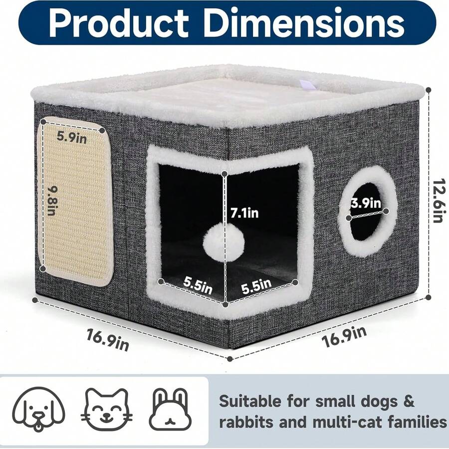 Grey foldable indoor cat house bed featuring a large entry hole, round side window, double-sided soft cushion, and an attached fluffy play ball.