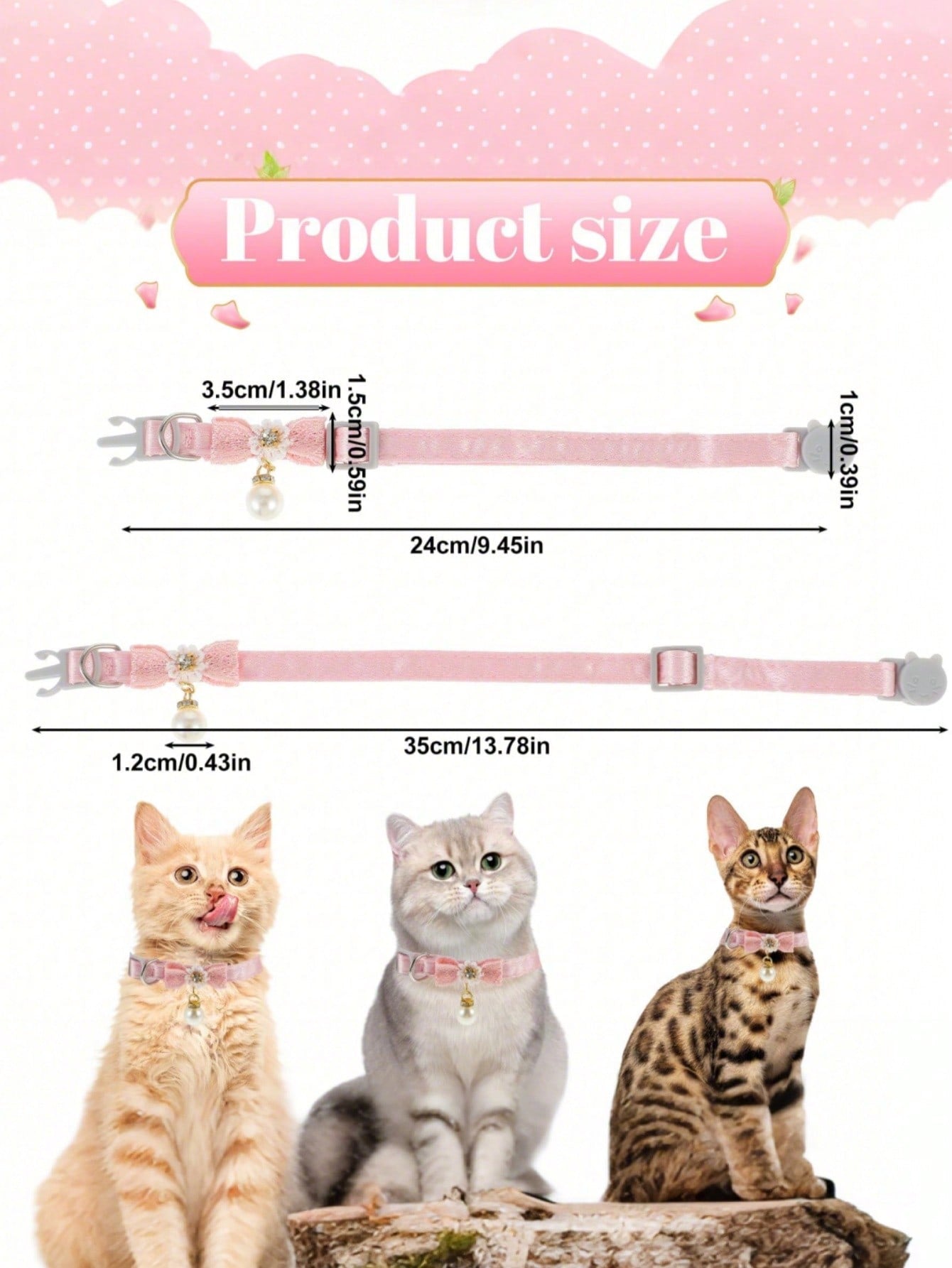 Baby pink adjustable polyester cat collar with quick release clasp, pearl pendant, white bead detail, bow, and flower decoration for kittens and cats.