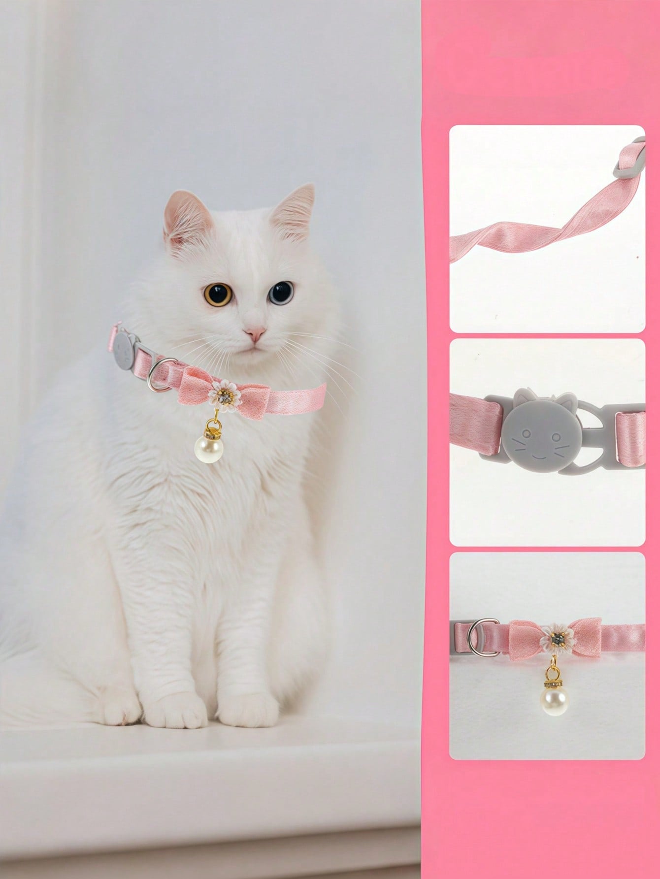 Baby pink adjustable polyester cat collar with quick release clasp, pearl pendant, white bead detail, bow, and flower decoration for kittens and cats.