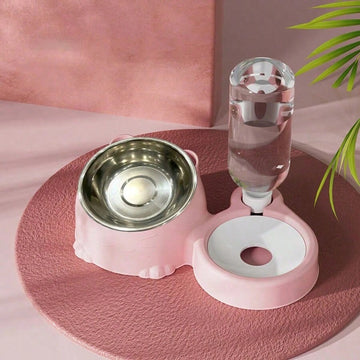 1 Set 2-In-1 Pet Double Bowls And Automatic Water Dispenser Bottle, Keeps Your Pet Hydrated And Full!