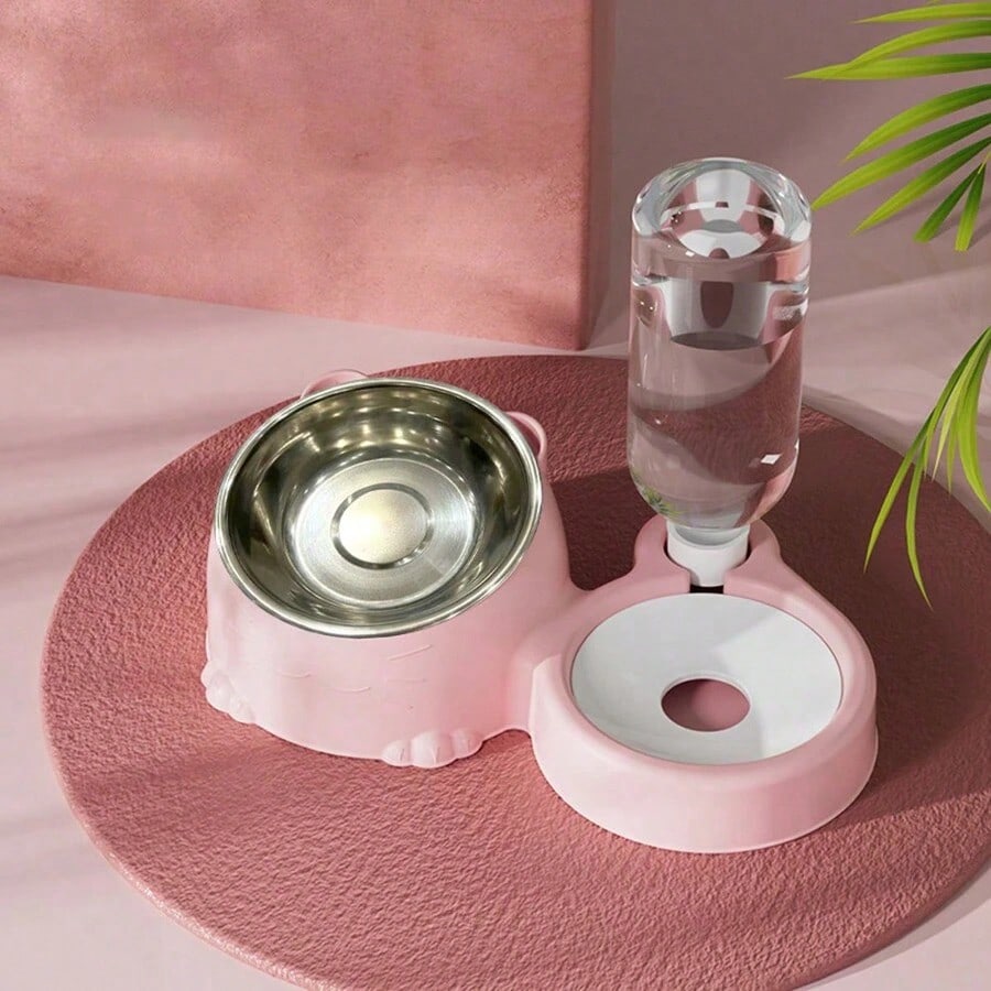 1 Set 2-In-1 Pet Double Bowls And Automatic Water Dispenser Bottle, Keeps Your Pet Hydrated And Full!