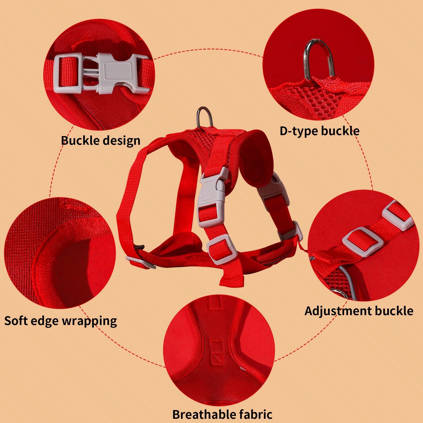 Red colorblock polyester pet chest harness suitable for cats and dogs