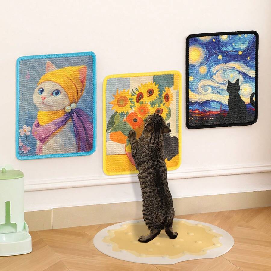 Multicolor cat scratching board featuring a starry sky painting design made of sisal and linen.
