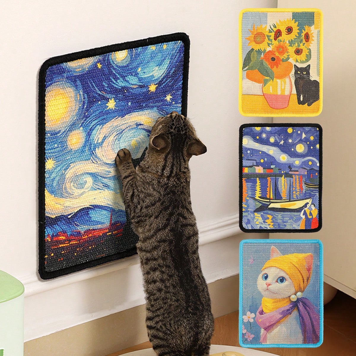 Multicolor cat scratching board featuring a starry sky painting design made of sisal and linen.