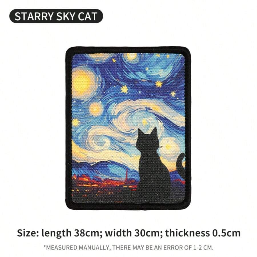 Multicolor cat scratching board featuring a starry sky painting design made of sisal and linen.