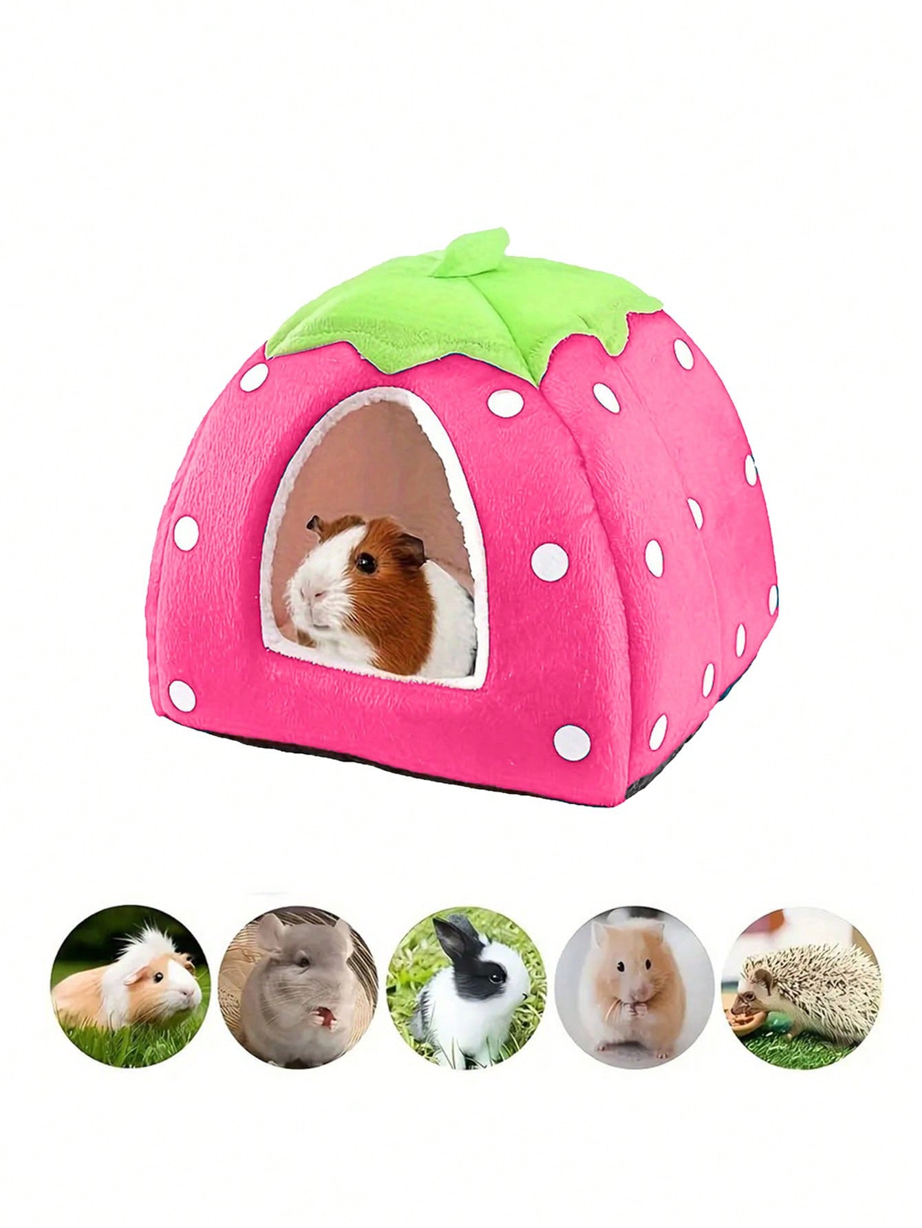 Pink strawberry pattern hamster bed hideaway nest made of soft polyester for small pets.
