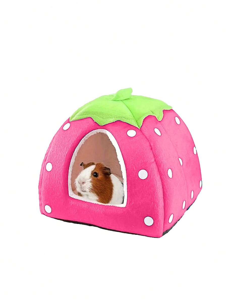 Pink strawberry pattern hamster bed hideaway nest made of soft polyester for small pets.