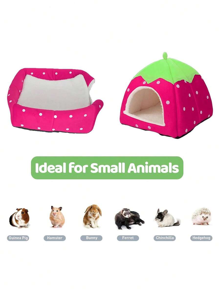 Pink strawberry pattern hamster bed hideaway nest made of soft polyester for small pets.