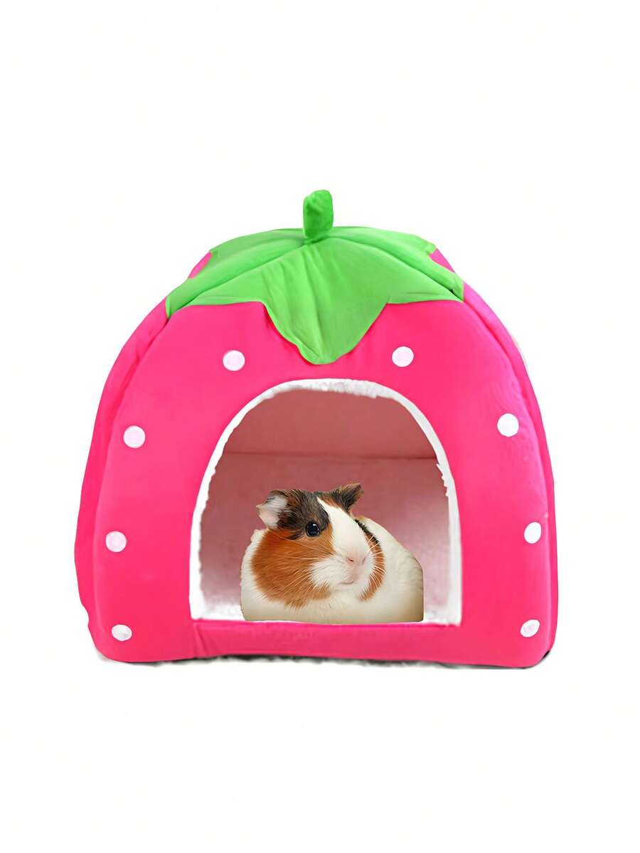 Pink strawberry pattern hamster bed hideaway nest made of soft polyester for small pets.