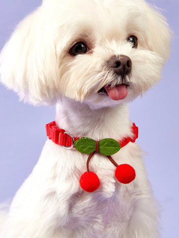 Red polyamide pet collar with cherry decor for cats and dogs