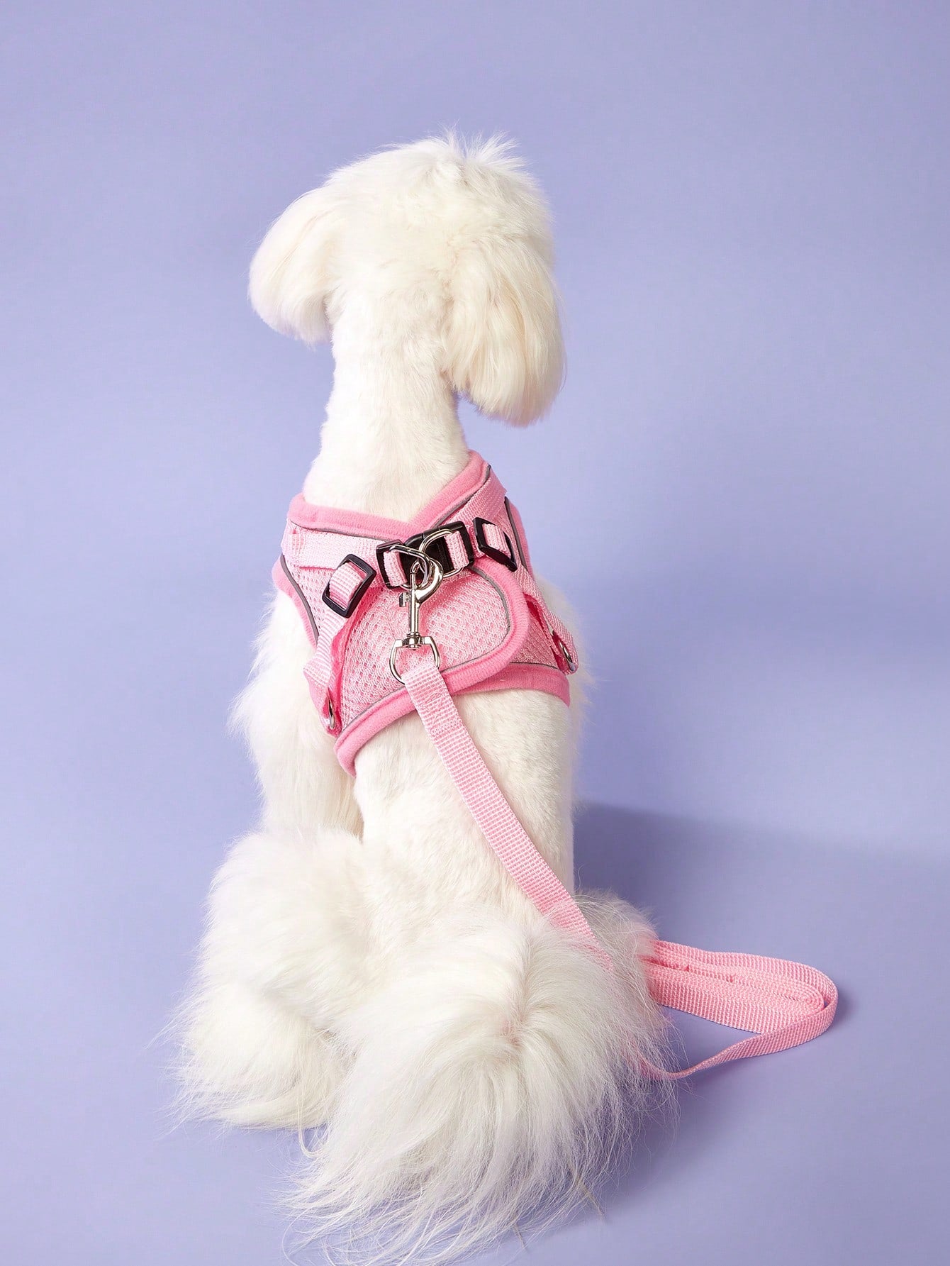Pink reflective mesh vest-style pet harness with leash for cats and dogs, featuring adjustable chest and back straps for comfortable outdoor walking.