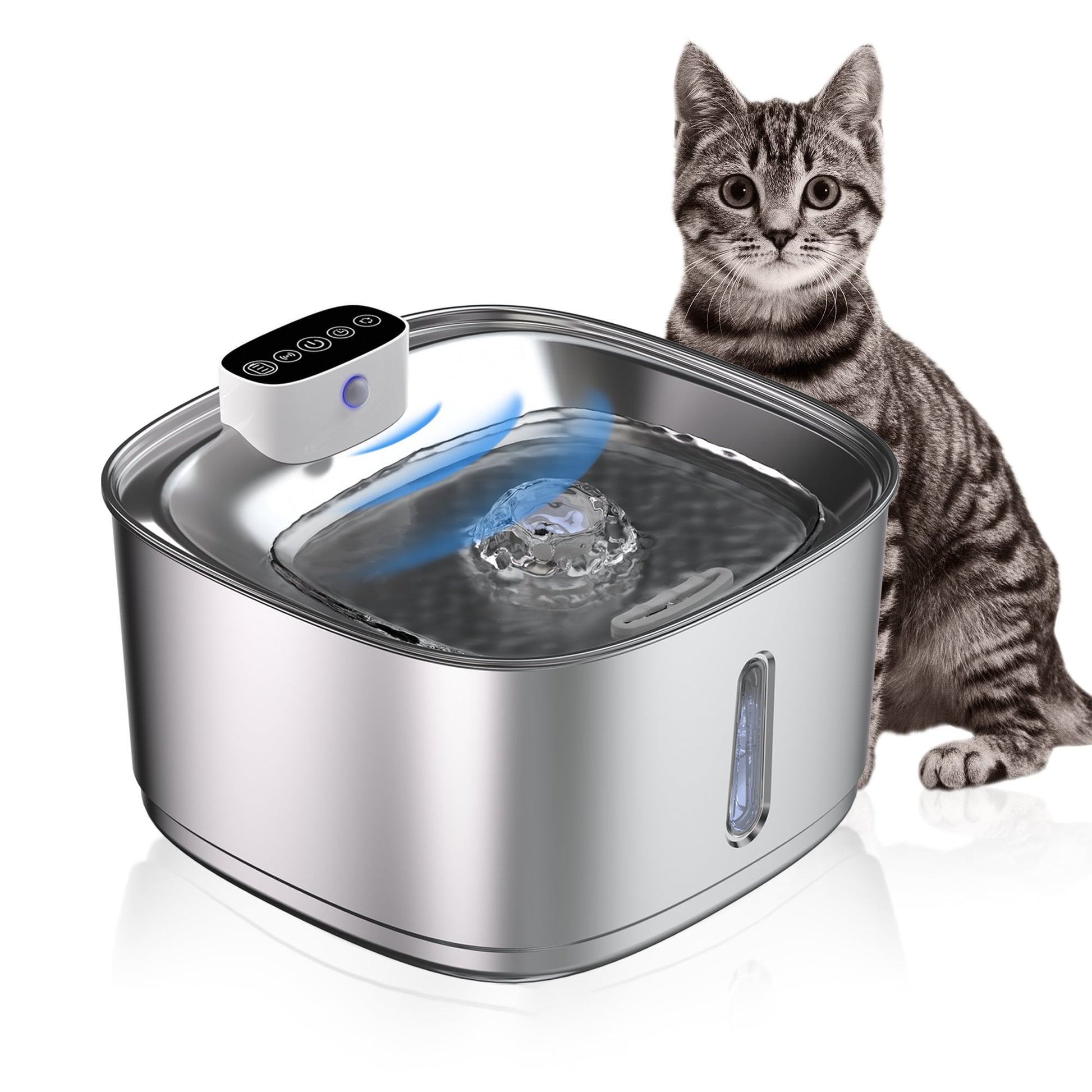 Silver stainless steel automatic cat water fountain with rechargeable battery and motion sensor