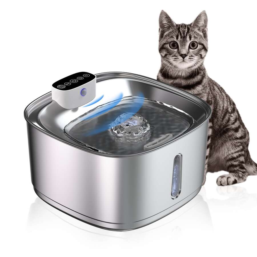 Silver stainless steel automatic cat water fountain with rechargeable battery and motion sensor