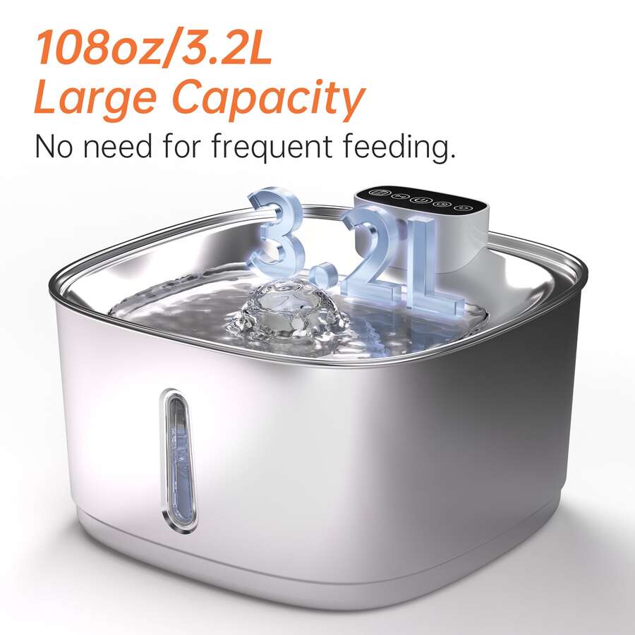Silver stainless steel automatic cat water fountain with rechargeable battery and motion sensor