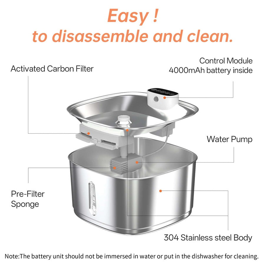 Silver stainless steel automatic cat water fountain with rechargeable battery and motion sensor