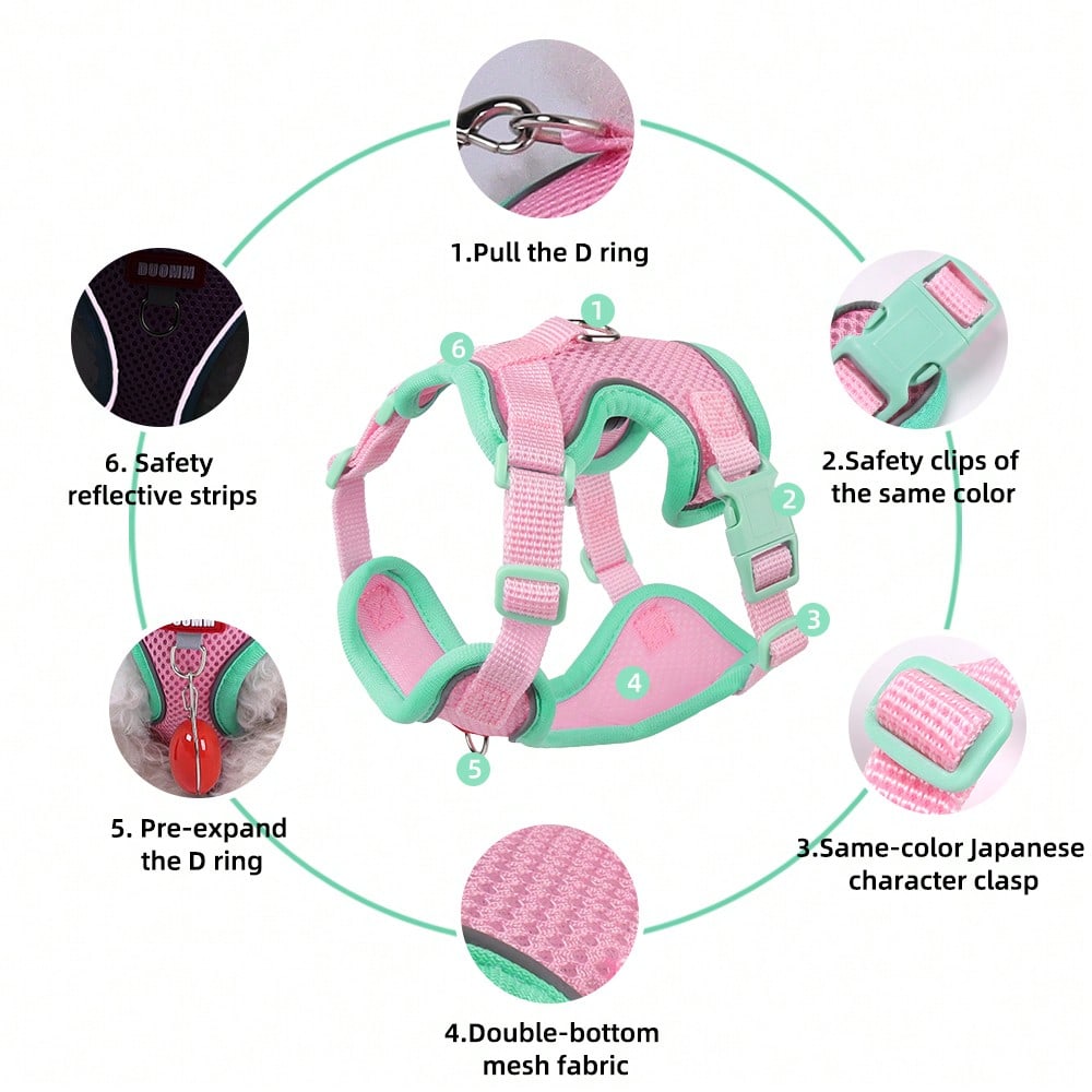 Multicolor adjustable polyester pet harness and leash set with cartoon pattern for cats and small dogs, designed for breathable outdoor walking.