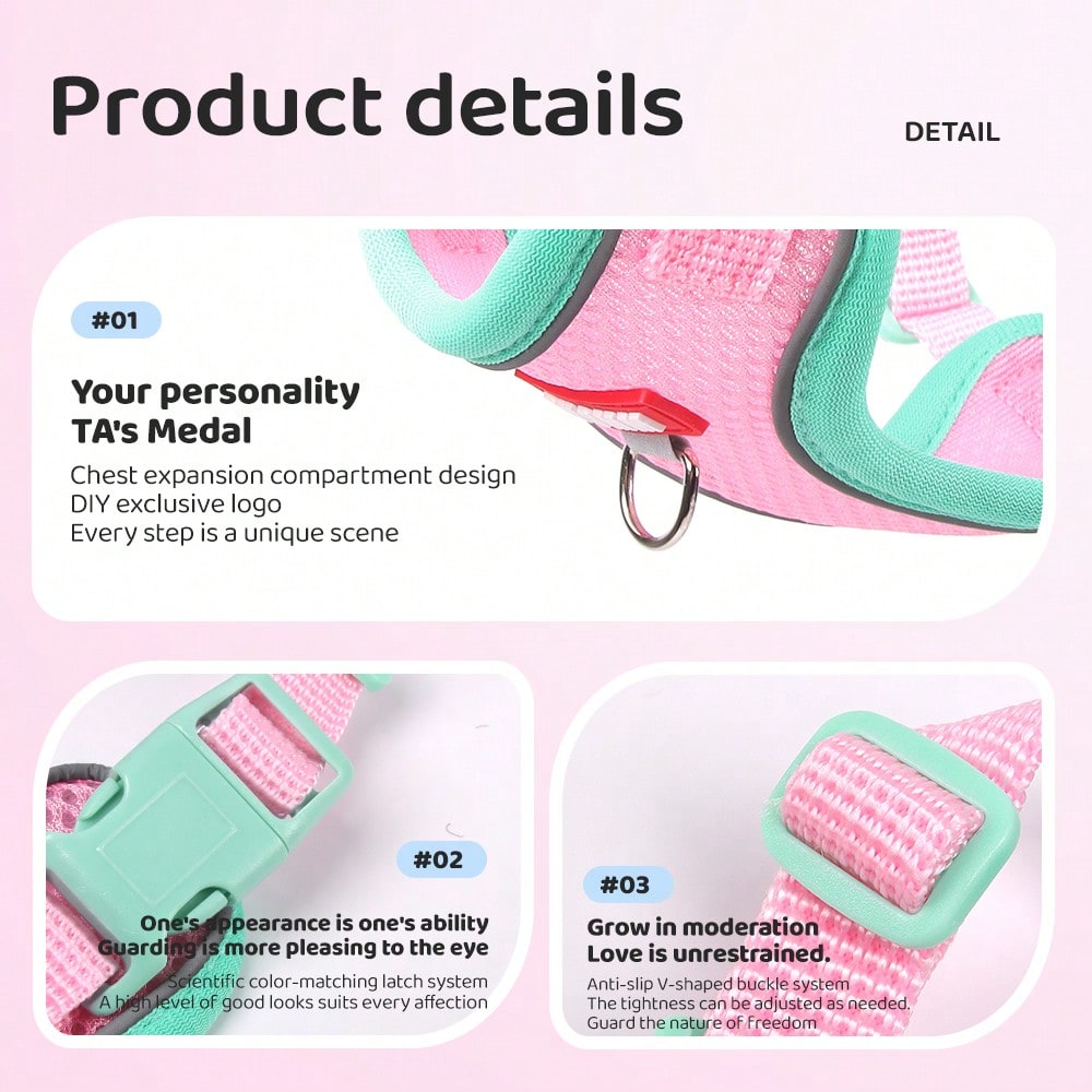 Multicolor adjustable polyester pet harness and leash set with cartoon pattern for cats and small dogs, designed for breathable outdoor walking.
