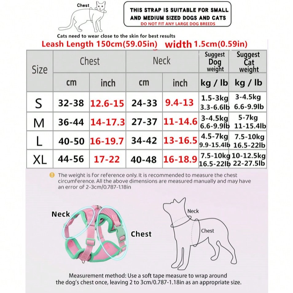 Multicolor adjustable polyester pet harness and leash set with cartoon pattern for cats and small dogs, designed for breathable outdoor walking.