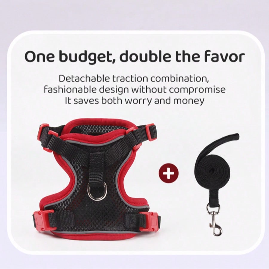Multicolor adjustable polyester pet harness and leash set with cartoon pattern for cats and small dogs, designed for breathable outdoor walking.