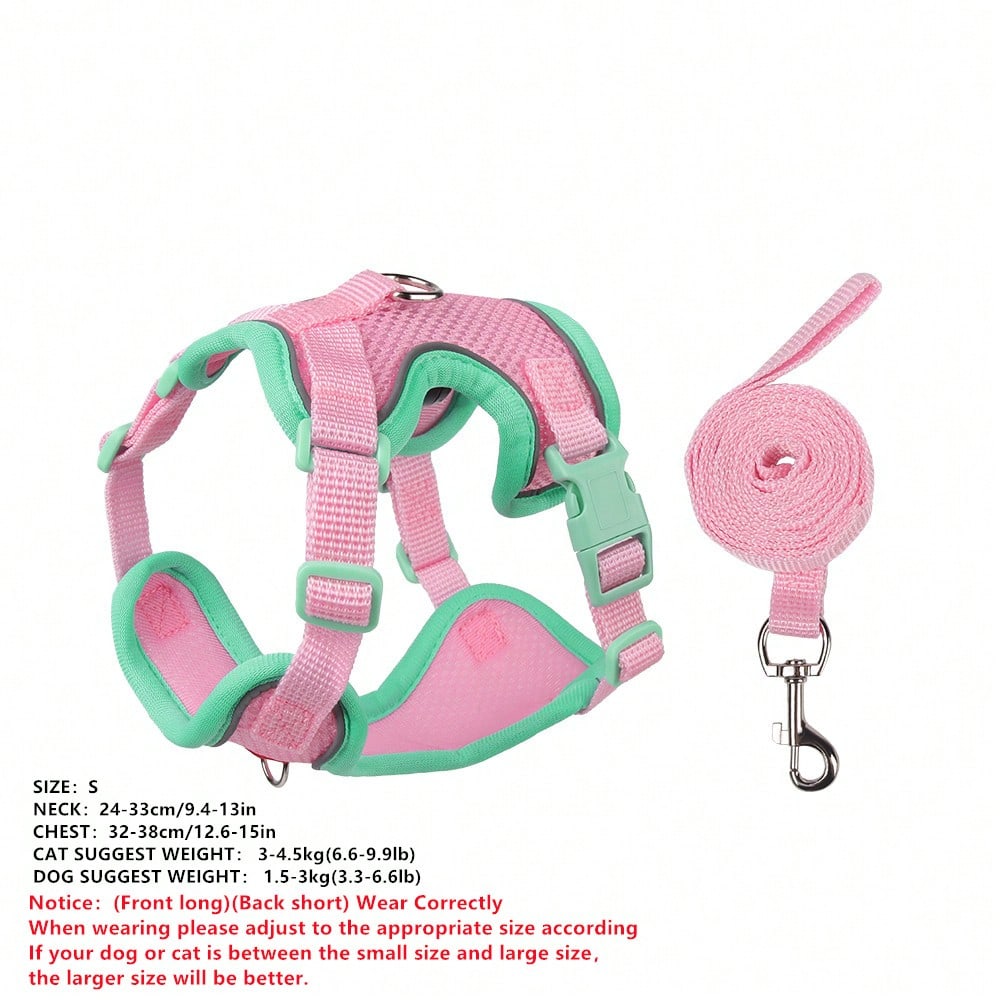 Multicolor adjustable polyester pet harness and leash set with cartoon pattern for cats and small dogs, designed for breathable outdoor walking.