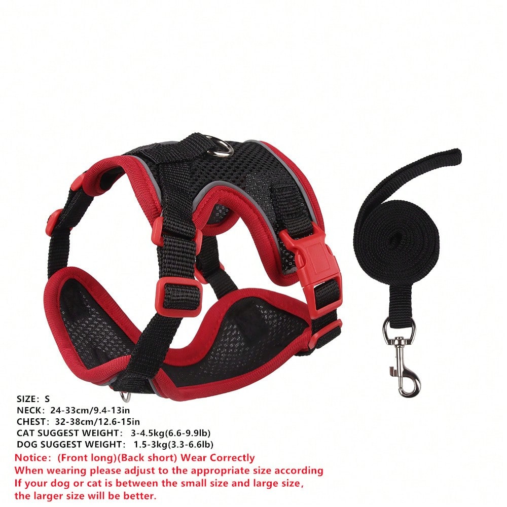 Multicolor adjustable polyester pet harness and leash set with cartoon pattern for cats and small dogs, designed for breathable outdoor walking.