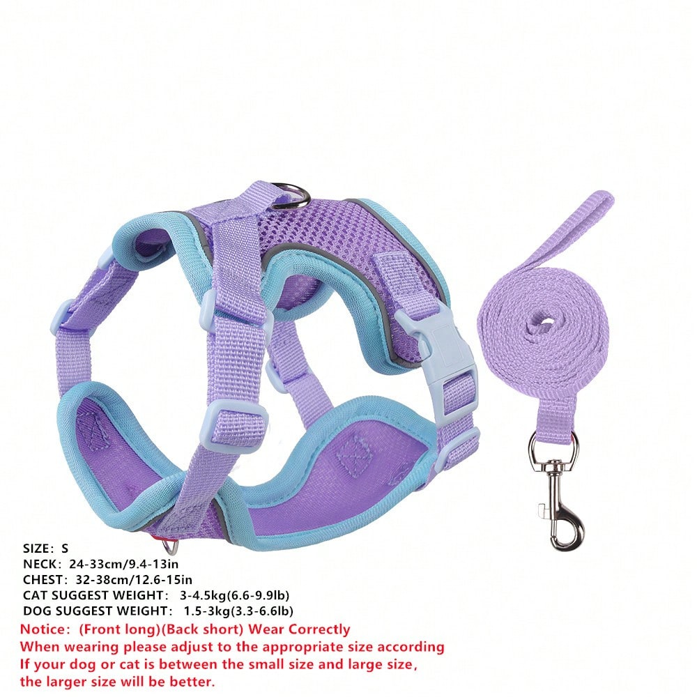 Multicolor adjustable polyester pet harness and leash set with cartoon pattern for cats and small dogs, designed for breathable outdoor walking.