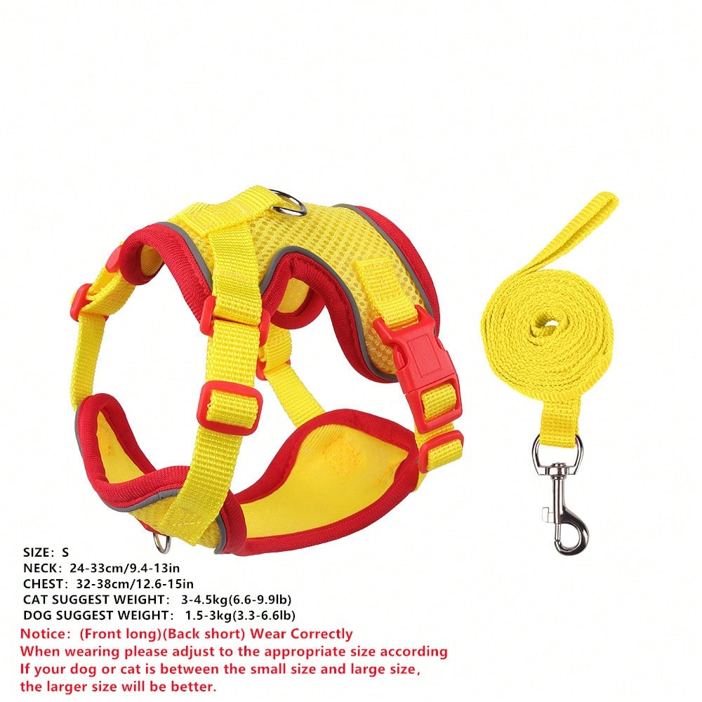 Multicolor adjustable polyester pet harness and leash set with cartoon pattern for cats and small dogs, designed for breathable outdoor walking.