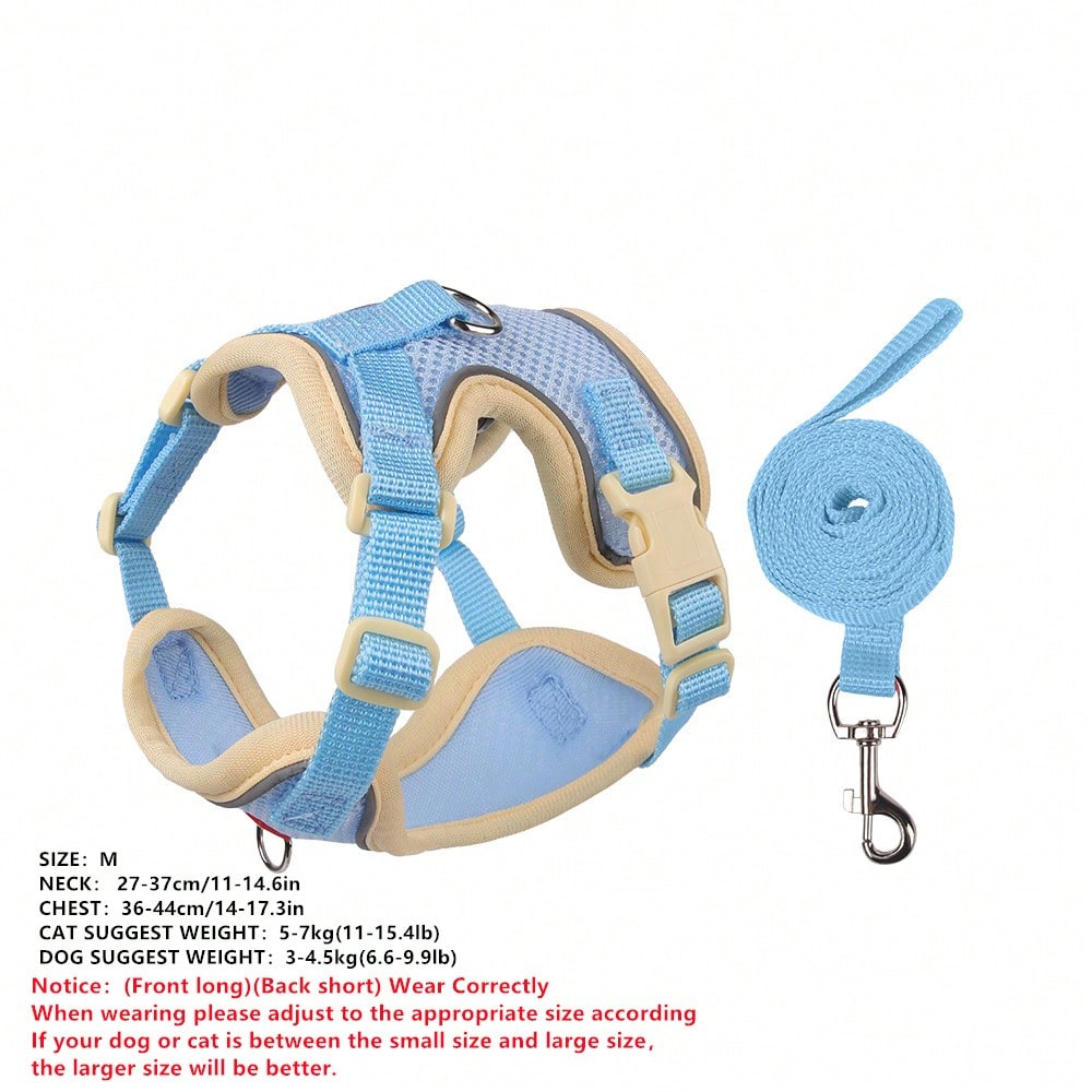 Multicolor adjustable polyester pet harness and leash set with cartoon pattern for cats and small dogs, designed for breathable outdoor walking.