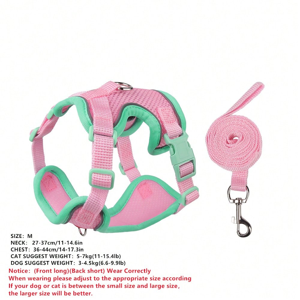 Multicolor adjustable polyester pet harness and leash set with cartoon pattern for cats and small dogs, designed for breathable outdoor walking.
