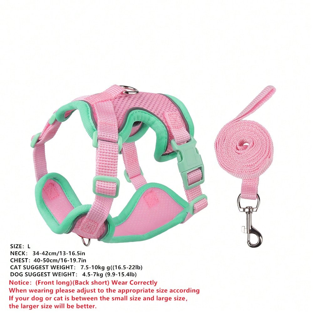 Multicolor adjustable polyester pet harness and leash set with cartoon pattern for cats and small dogs, designed for breathable outdoor walking.
