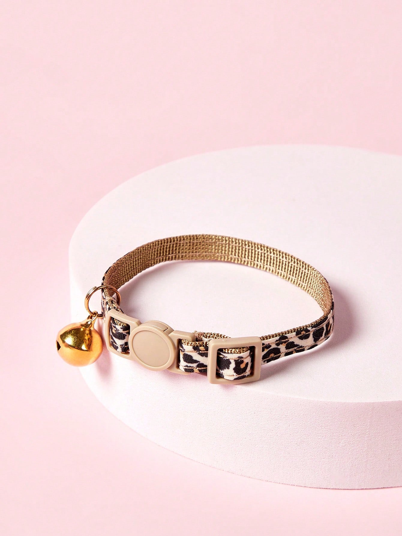 Leopard print adjustable cat collar with golden bell for cats and small pets, made from multicolor polyester.