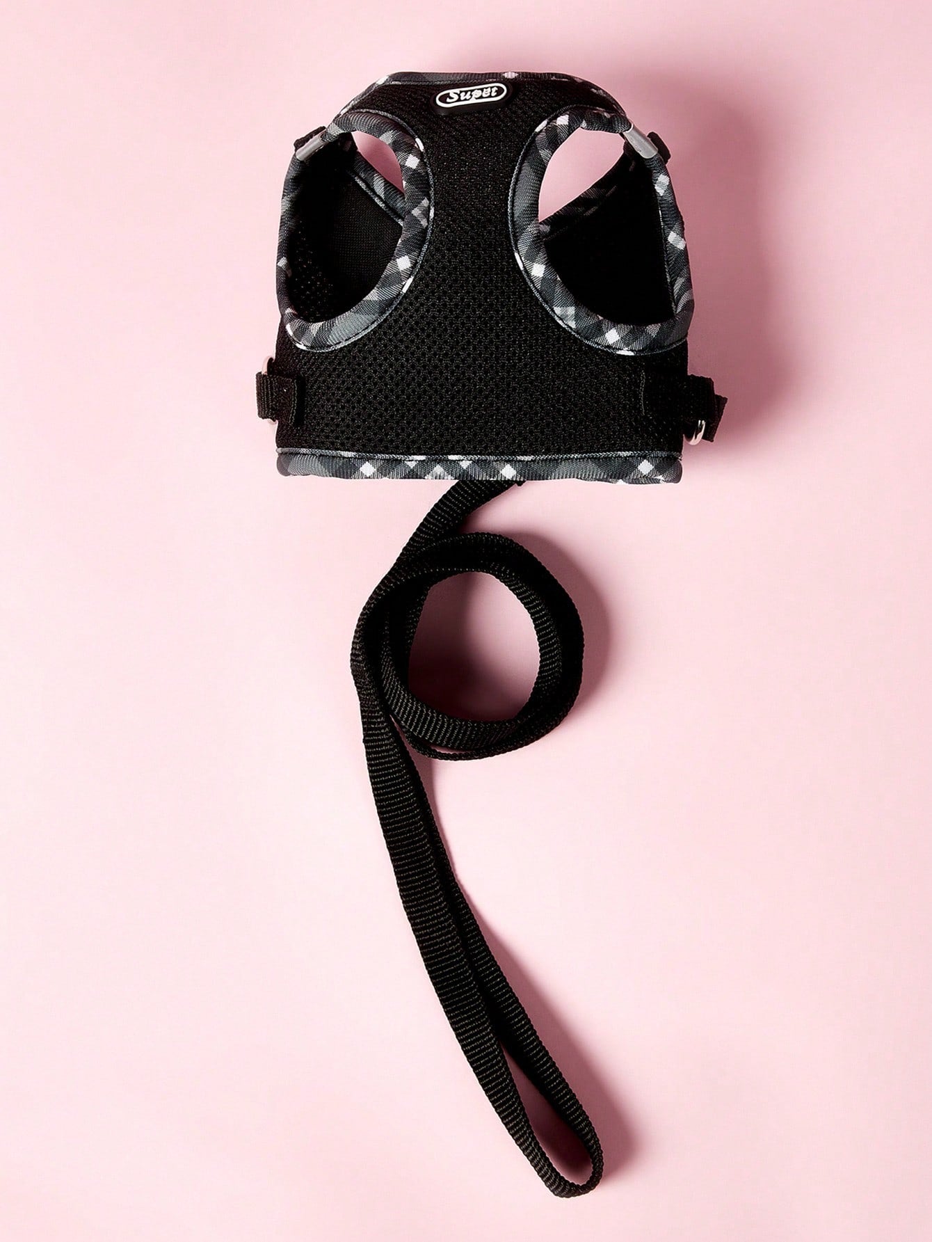 Black reflective plaid edge chest and back pet harness set with included leash for small dogs and cats